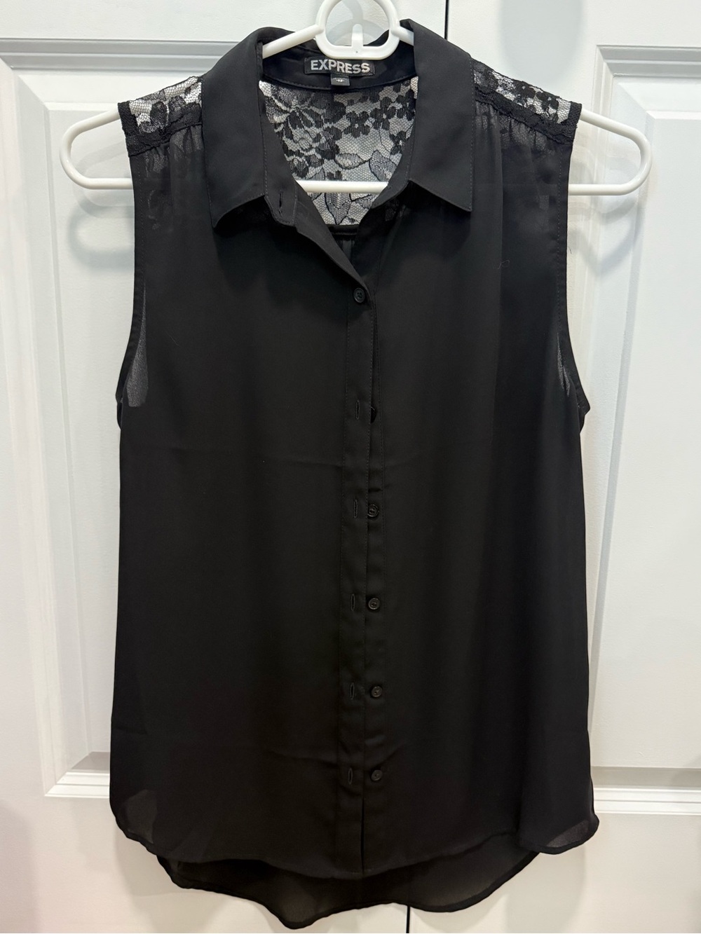 Express Women's Black Sleeveless Button-Front Blouse with Lace Detailing on Back